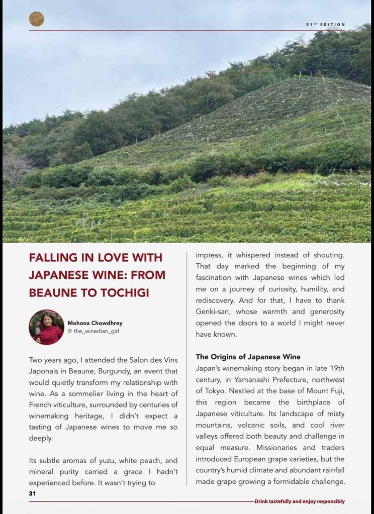 Mohona Chowdhury feature on Japanese wine, Beaune to Tochigi, in Wine and Spirits Club of India, page 1 of 4