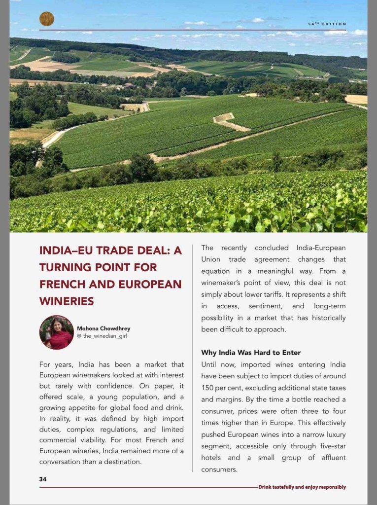Mohona Chowdhury feature on the India-EU trade deal and European wineries in Wine and Spirits Club of India, page 1 of 5