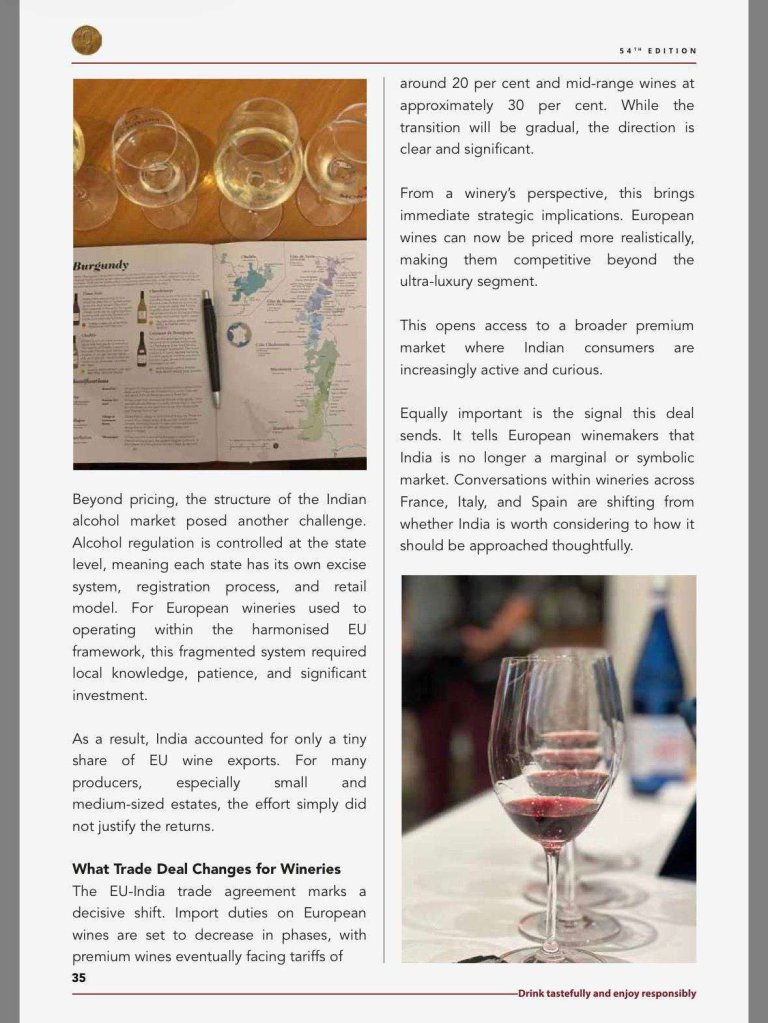 Mohona Chowdhury feature on the India-EU trade deal and European wineries in Wine and Spirits Club of India, page 2 of 5