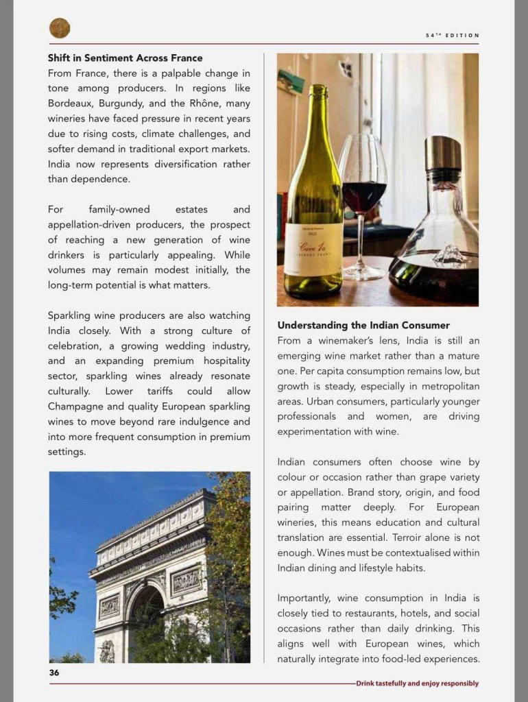 Mohona Chowdhury feature on the India-EU trade deal and European wineries in Wine and Spirits Club of India, page 3 of 5