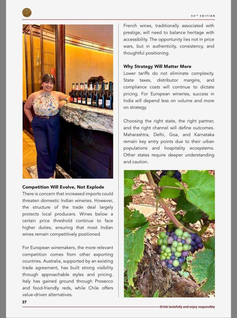 Mohona Chowdhury feature on the India-EU trade deal and European wineries in Wine and Spirits Club of India, page 4 of 5