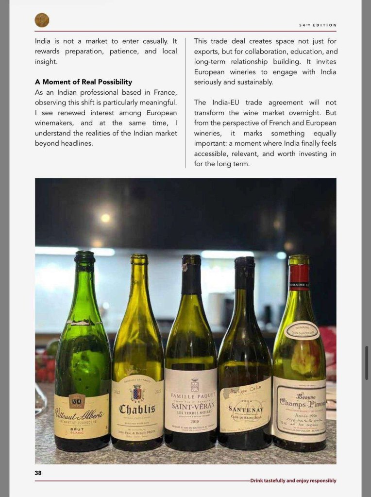 Mohona Chowdhury feature on the India-EU trade deal and European wineries in Wine and Spirits Club of India, page 5 of 5