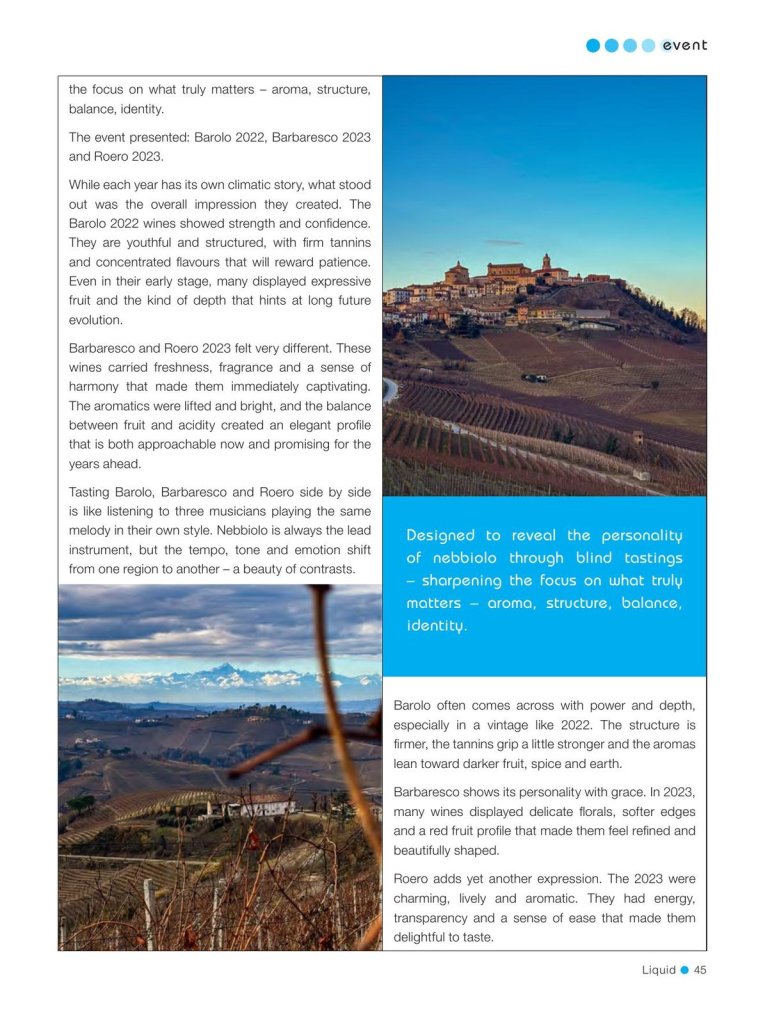 Mohona Chowdhury Nebbiolo Prima feature, Tasting the Soul of Langhe, in Liquid magazine, page 2 of 3
