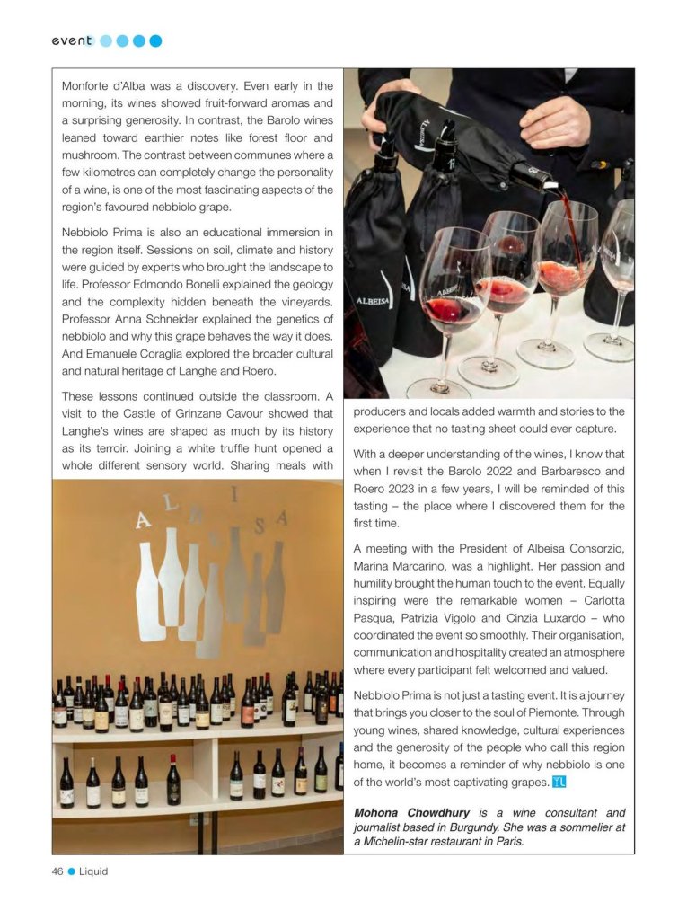 Mohona Chowdhury Nebbiolo Prima feature, Tasting the Soul of Langhe, in Liquid magazine, page 3 of 3