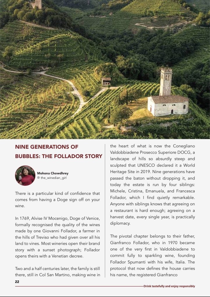 Mohona Chowdhury feature on Follador, Nine Generations of Bubbles, in Wine and Spirits Club of India, page 1 of 3