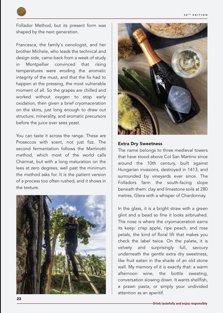 Mohona Chowdhury feature on Follador, Nine Generations of Bubbles, in Wine and Spirits Club of India, page 2 of 3