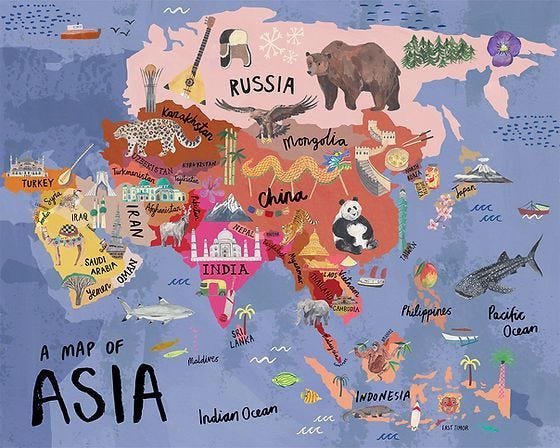 A colorful illustrated map of Asia featuring country names, landmarks, animals, and geographical elements, including Russia, China, India, and surrounding oceans.