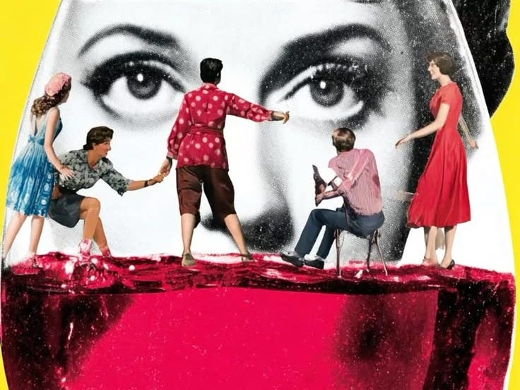A surreal collage featuring four people engaging in playful interactions in front of a large black and white image of a woman's face, all highlighted against a vibrant yellow background.