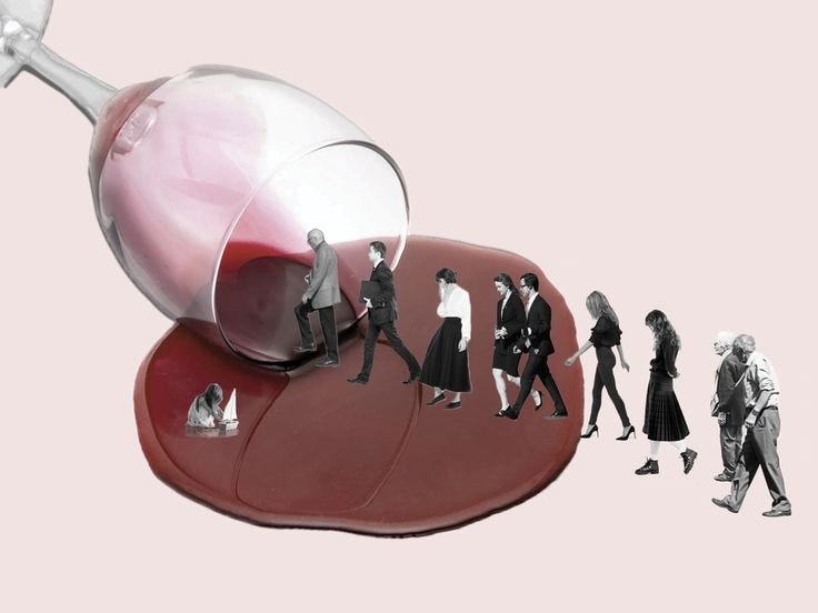 A creative illustration featuring a spilled wine glass with red wine pooling on a surface, and a sequence of people walking across the wine spill in a surreal manner.