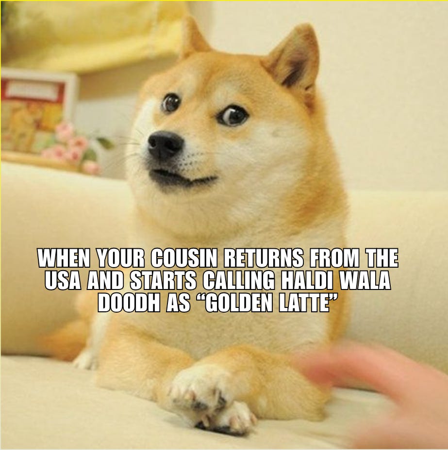 A surprised Shiba Inu dog with an expressive face, captioned humorously about a cousin returning from the USA and renaming a traditional drink.