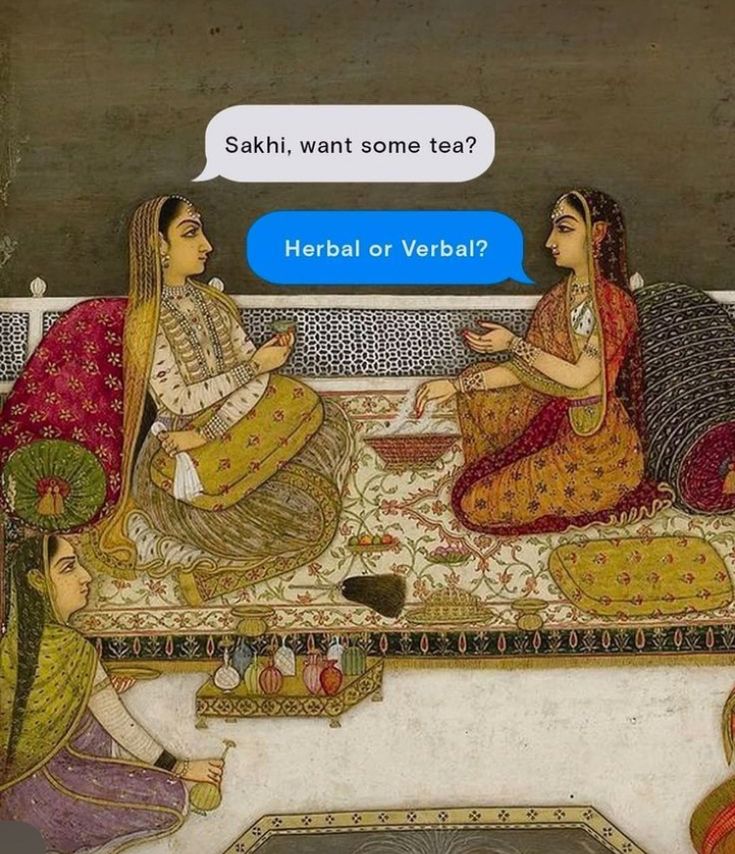 Two women in traditional attire sitting on a floor, engaging in conversation about tea, with a humorous dialogue bubble illustrating their discussion.