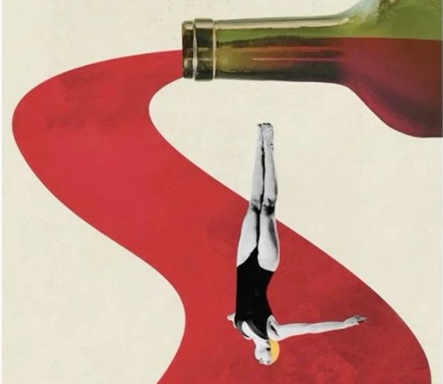 A graphic illustration depicting a diver poised to dive from the top of a wine bottle, with a flowing red ribbon resembling spilled wine beneath them.