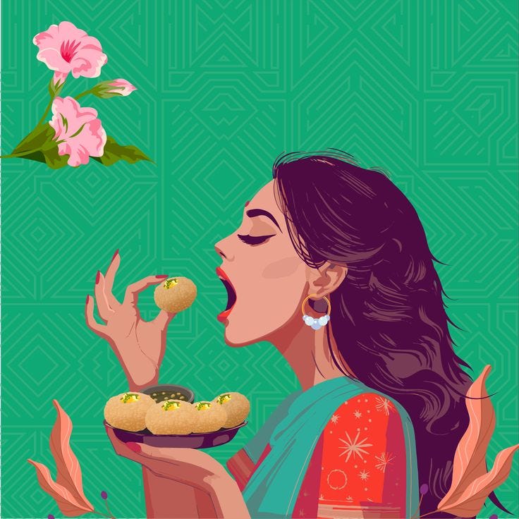 A woman in traditional attire is about to eat a sweet treat from a plate, with colorful flowers in the background.