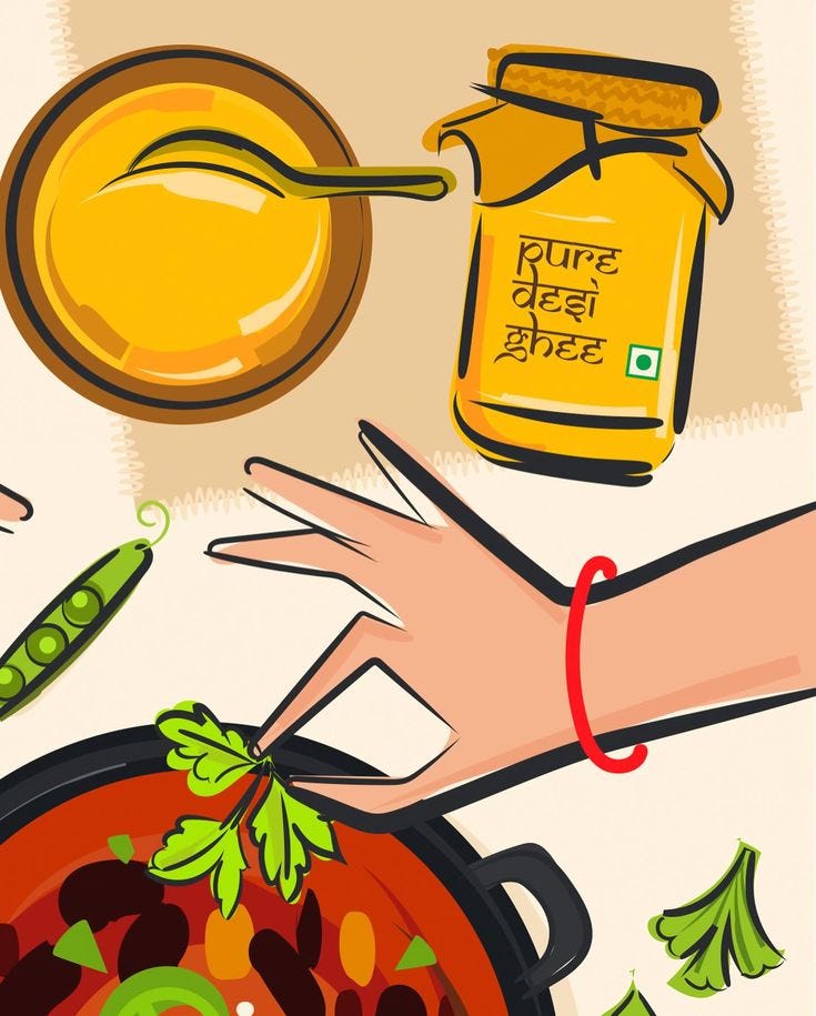 An illustration showing a hand adding fresh coriander leaves to a pot of food, alongside a jar of pure desi ghee and a bowl of yellow dal.