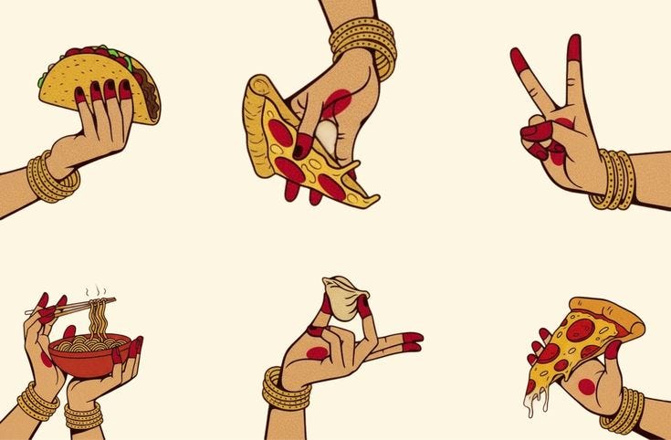 Illustration of various hands holding different types of food, including a taco, pizza slices, a bowl of noodles, and dumplings, all adorned with decorative bangles and long manicured nails.