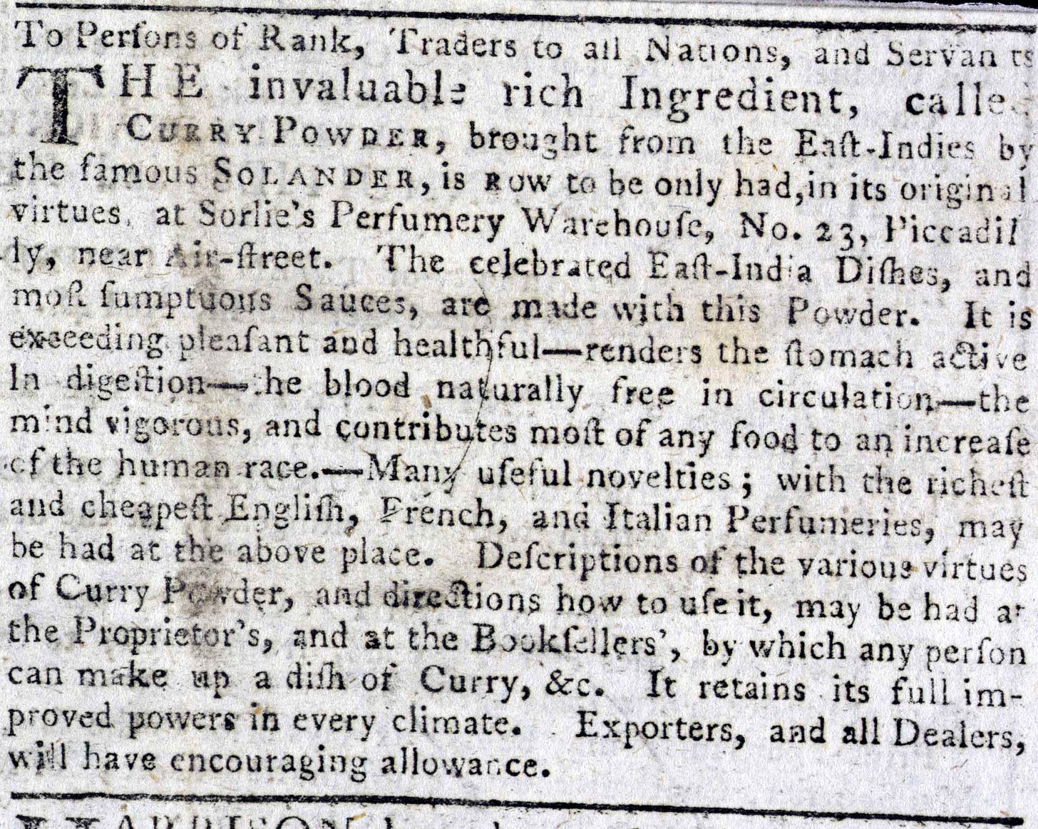 An old advertisement for Curry Powder detailing its health benefits, uses in East India dishes, and availability at a specific perfumery in Piccadilly.