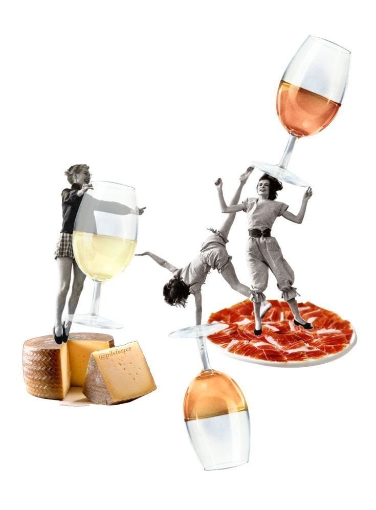 A surreal collage featuring two oversized wine glasses, a cheese wedge, a plate of sliced ham, and dynamic figures in vintage clothing playfully balancing and interacting with the objects.