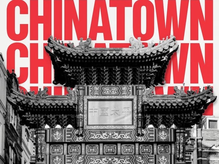 An artistic depiction of a Chinatown archway in black and white, with bold red text reading 'CHINATOWN' in the background.