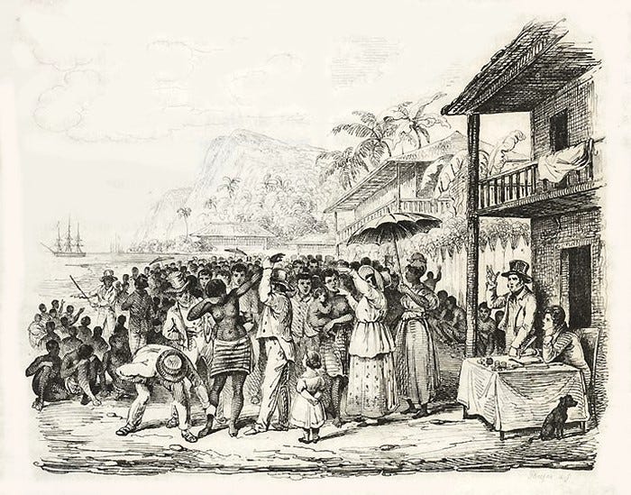 Historical illustration depicting a lively scene with a diverse crowd of people, some dancing and others watching. In the background, buildings and palm trees are visible, along with ships in the water.