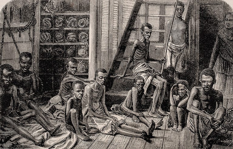 Historical depiction of individuals sitting in a cramped space, showcasing the harsh conditions faced during a past period.
