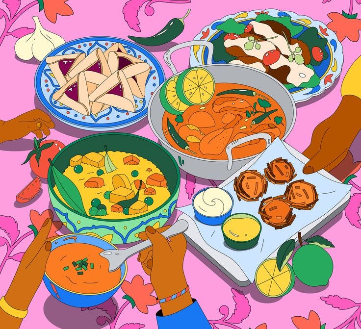 An illustration of a vibrant array of dishes on a pink background, featuring a variety of soups, snacks, and garnishes, including colorful vegetables, fruits, and decorative plates.